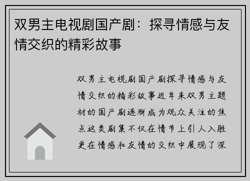 双男主电视剧国产剧：探寻情感与友情交织的精彩故事